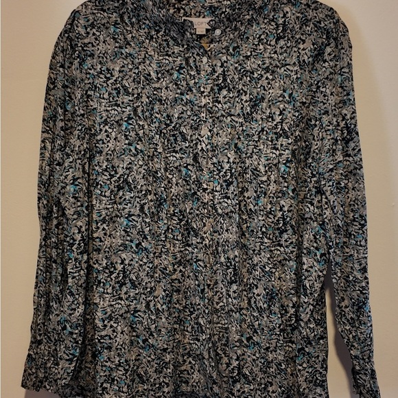 Ann Taylor LOFT Black Green Printed Pintuck Front Blouse Top Size XL Cotton - Picture 3 of 5